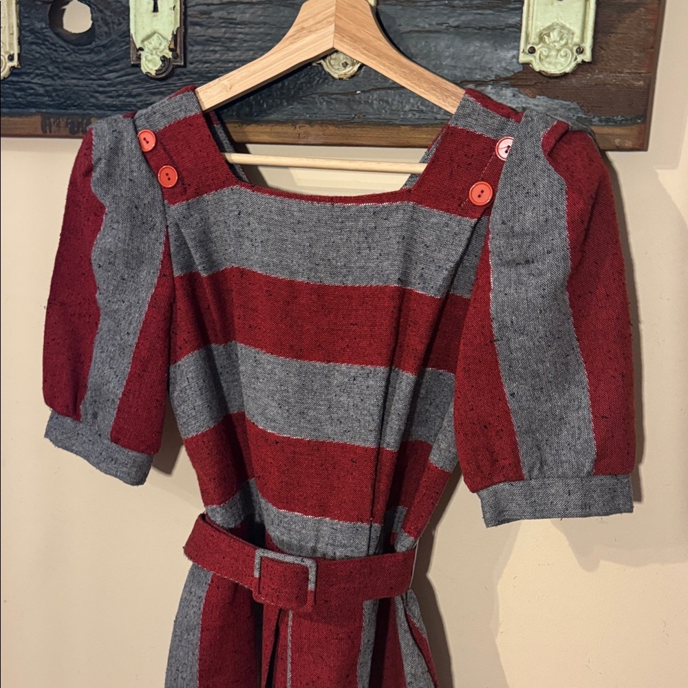 Vintage Jolibel Red and Grey Striped Pleated Dress - Picture 12 of 16